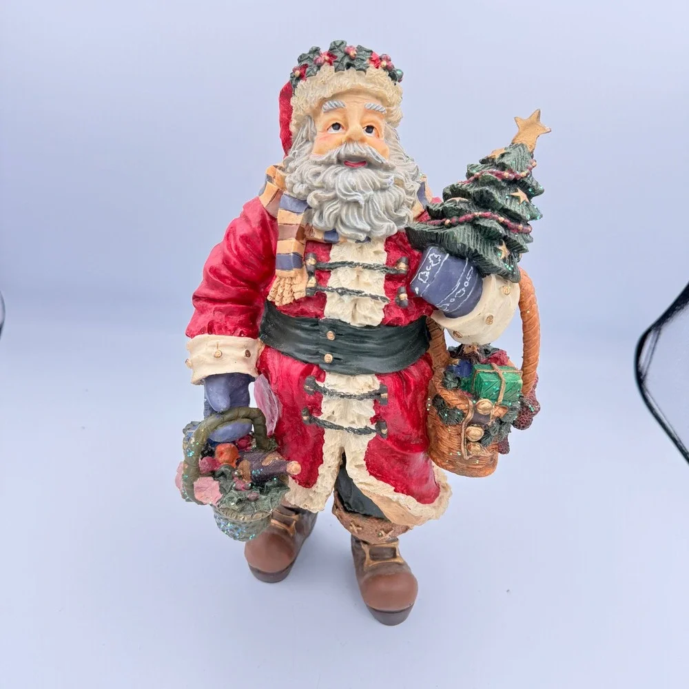 Vintage Resin Santa Claus Figurine Christmas Tree & Gift Baskets 12 Inch